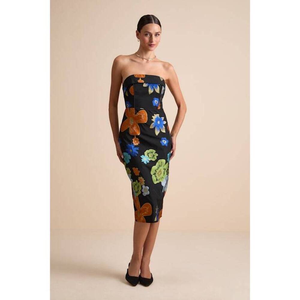 Lulus Wesson Black Floral Jacquard Lace-up Strapless Midi Dress - Size S